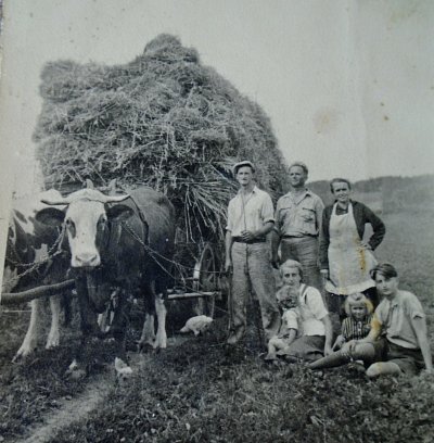 Senoseč - tatínek, strýc, teta , maminka se mnou na klíně, sestra a bratranec