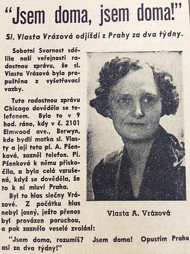 Článek ze 17. dubna 1949 o propuštění Vrázové z vyšetřovací vazby